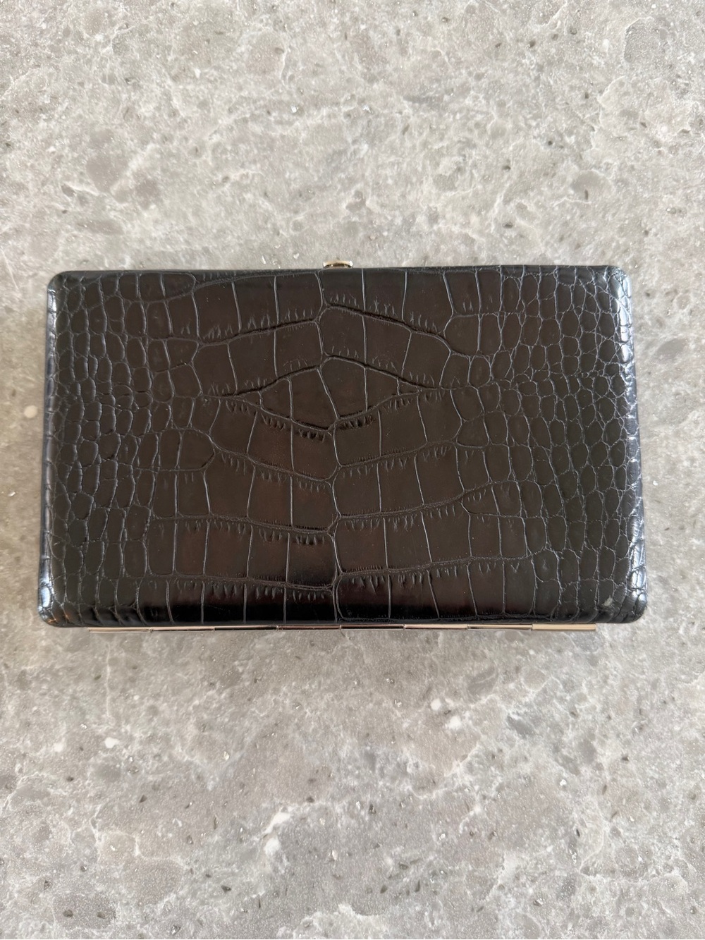 ABAS Clutch Crocodile Embossed Leather Full Frame Wallet With Kiss Lock Black